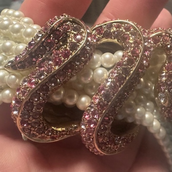 Stunning Kenneth Jay Lane Faux Pearl Snake Pink Rhinestone Necklace! - Picture 8 of 16
